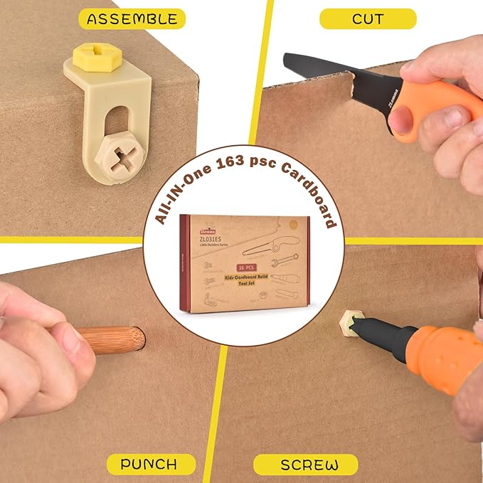 Cardboard Construction Tool Kit 163 Pieces-Educational Toys for at-Home Play + Classroom Learning | Reusable Cardboard Tools for Kids