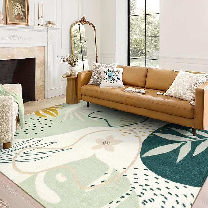 Lahome Green Machine Washable Large Rug - 8 x 10 Area Rugs for Living Room Non-Slip Lightweight Throw Boho Rugs, Soft Botanical Print Indoor Floor Carpet for Bedroom Office Dining Room Classroom