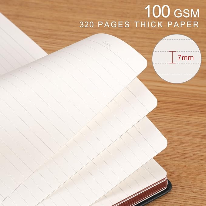 AHGXG Thick Journal Lined Notebook for Men - 320 Numbered Pages A5 College Ruled Notebook for Writing, 100gsm Paper, Vintage Leather Hardcover, for Women Work Office School, 5.75'' X 8.38''- Black