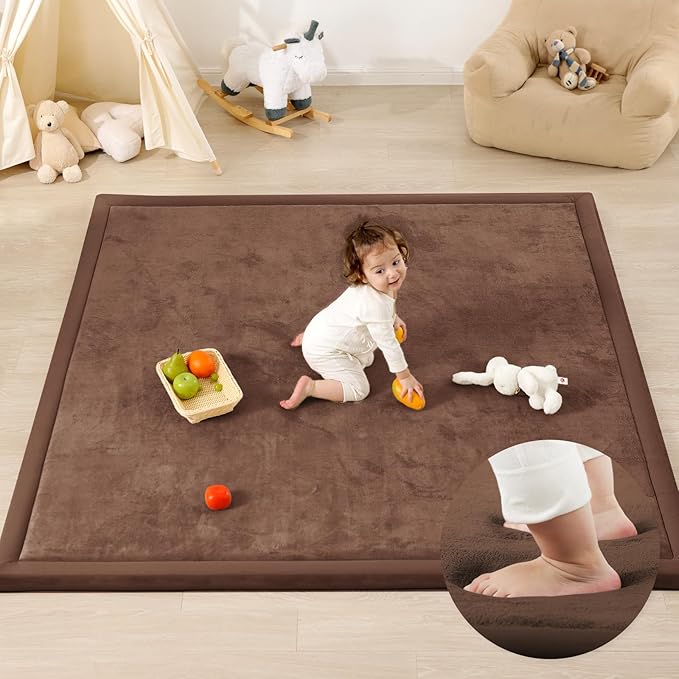 1.3" Thick Baby Play Mat for Floor, 79x79 Large Foam Tummy Time Mat, Padded Support Soft Plush Nursery Rug for Infant Kids Toddler Crawling Kick Activity (Chocolate Brown)