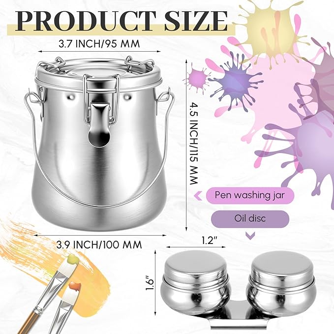 2 Pcs Paint Brush Cleaner Set Airtight Stainless Steel Double Dipper Palette Cup Portable Paint Brush Washer Holder for Oil Cleaner Kits (Large)