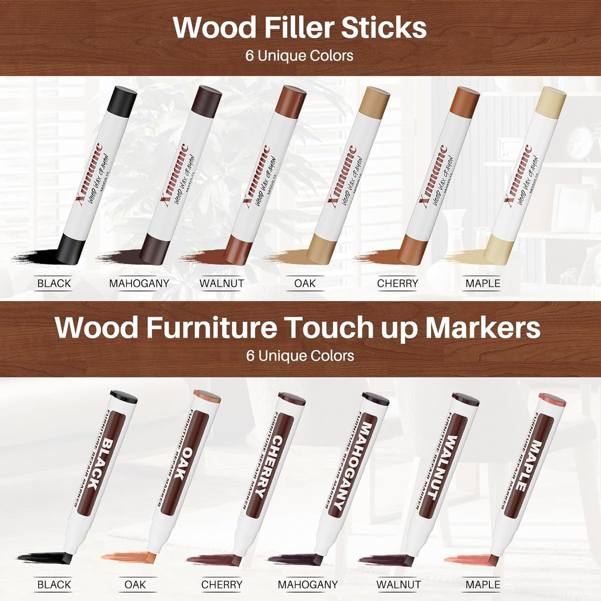 12 Colors Wood Filler Sticks Furniture Markers, Wood Floor Scratch Repair Kit for Repair Any Furniture Scratch, Scuffs, Cracks and Nail Holes on Wood Furniture, Floors, Doors, Cabinets, Tables