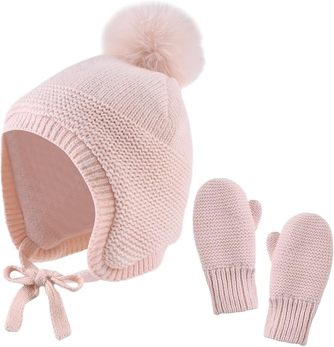 Basic Winter Baby Beanie Gloves Boys Girls Knitted Hat Pompom Kids Earflap Hats Warm Infant Toddler Beanie Mittens Set
