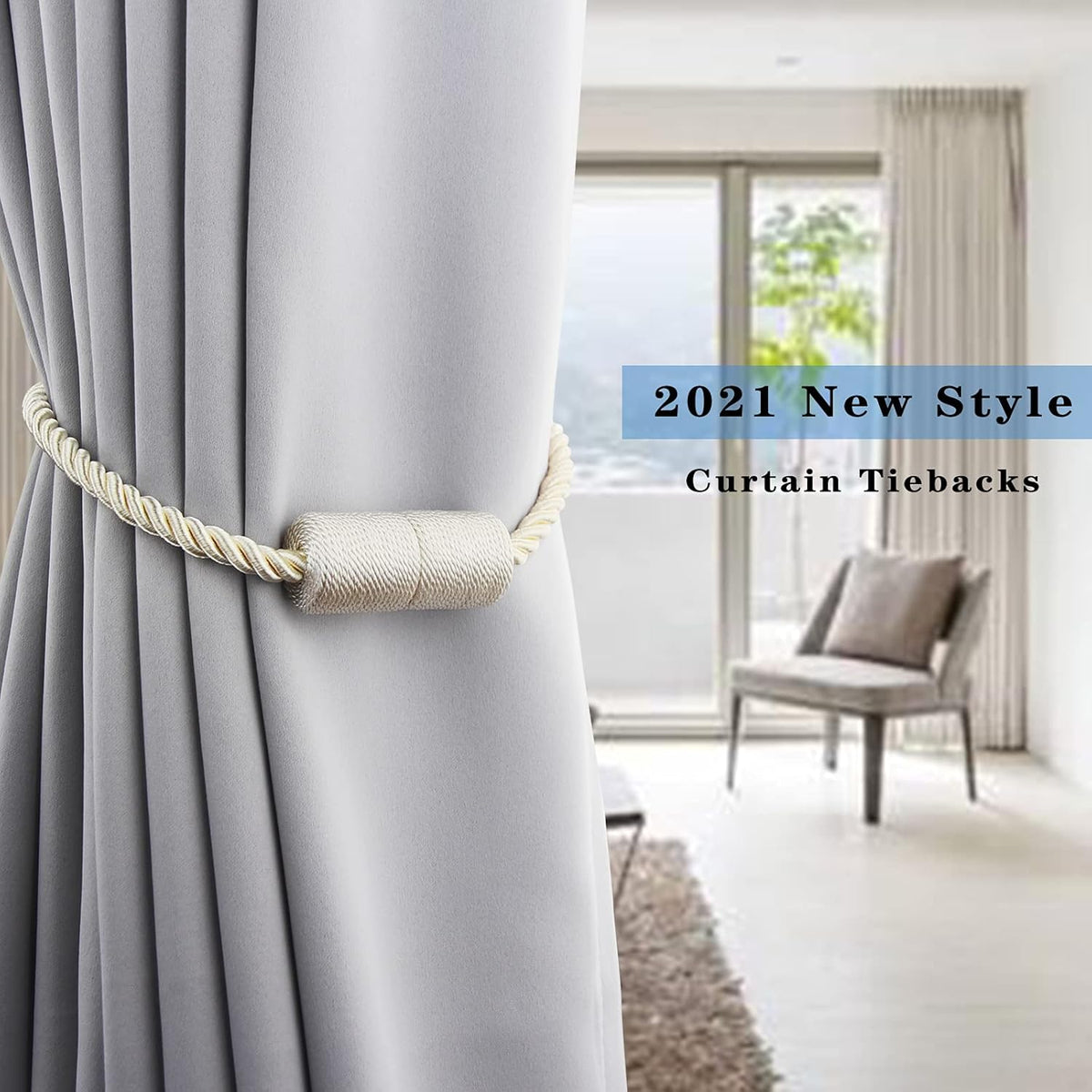 4 Pack Strong Magnetic Curtain Tiebacks Outdoor Elegant Decorative Tie Backs Modern Rope Tiebacks for Drapes Window Curtain Holdbacks for Draperies- Beige