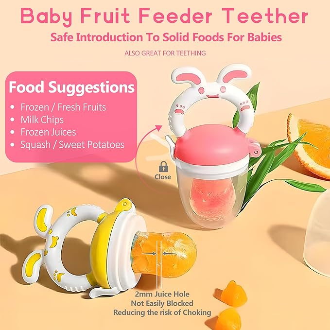 WAJIAYON Baby Fruit Feeder Pacifier | 2 Infant Food Feeder Pacifier & 1 Baby Food Dispensing Spoon | Mesh Fresh Fruit Teethers for Babies Teething Feeders | Shower Gifts for Boys and Girls (Pink)