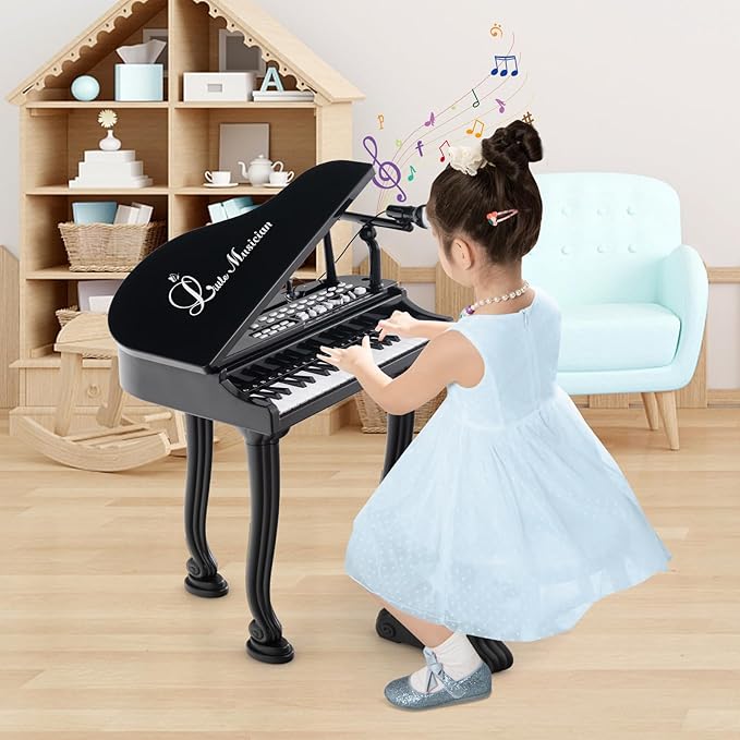 Costzon Kids Piano, 37 Key Mini Grand Piano Toy Keyboard with Microphone, Stool & Lights, Portable Electronic Piano Educational Musical Instrument Toy, Birthday Gift for Toddler Boys Girls (Black)