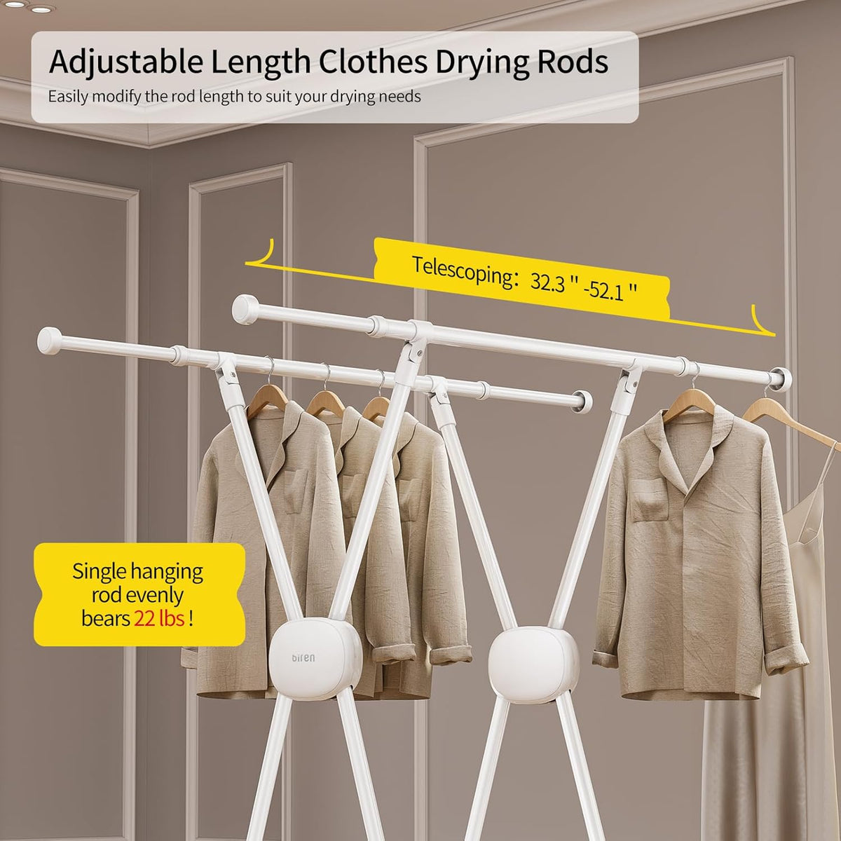 BIREN Clothes Drying Rack Heavy Duty Clothing Racks Extending Laundry Rack Two Drying Modes Garment Racks for Drying Clothes, Adjustable Length from 32-55 Inches for Indoor Outdoor Use