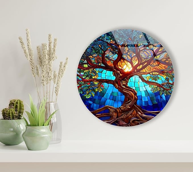 My Photostation.com 30Wx24H'' Stained Blue Life of Tree Glass Wall ArtTempered Glass Printing Wall Decor Large Wall Art Wall Hangings