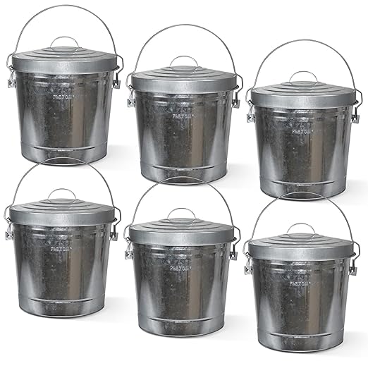 Plexon 6 Gallon Outdoor Trash Can with Lid Galvanized Metal Bucket with Locking Lid for Poultry Feed Bird Seed Storage Ash Small Garbage Can, 6 Pack