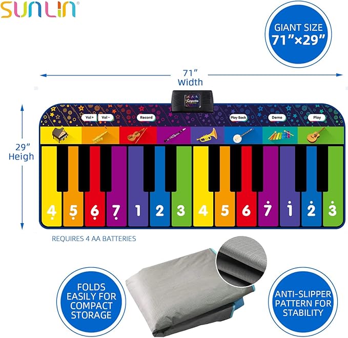 SUNLIN 6 ft. Floor Piano Mat for Kids & Toddlers, Giant Piano Mat, 24 Keys, 10 Built in Songs, 8 Instrument Sounds, Record & Playback, Song Booklet, Musical Toy Gift for Boys & Girls Age 3 4 5 6 7 8 9