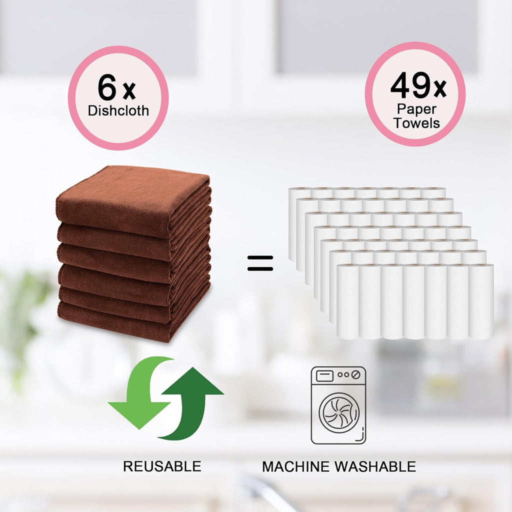 kimteny 13x28 Inches Kitchen Cloth Dish Towels, 400 GSM Premium Dishcloths, Super Absorbent Coral Velvet Microfiber Cleaning Cloths, Fast Drying Rags for Washing Dishes (6 Pack, Brown)