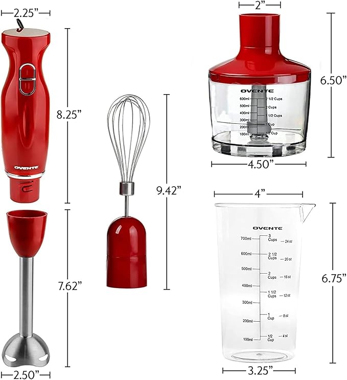 OVENTE Immersion Hand Blender, 300W Electric Handheld Portable Stick Mixer Set with 2 Mixing Speed, Stainless Steel Blades, Egg Whisk Attachment, Mixing Beaker and BPA-Free Food Chopper, Red HS565R