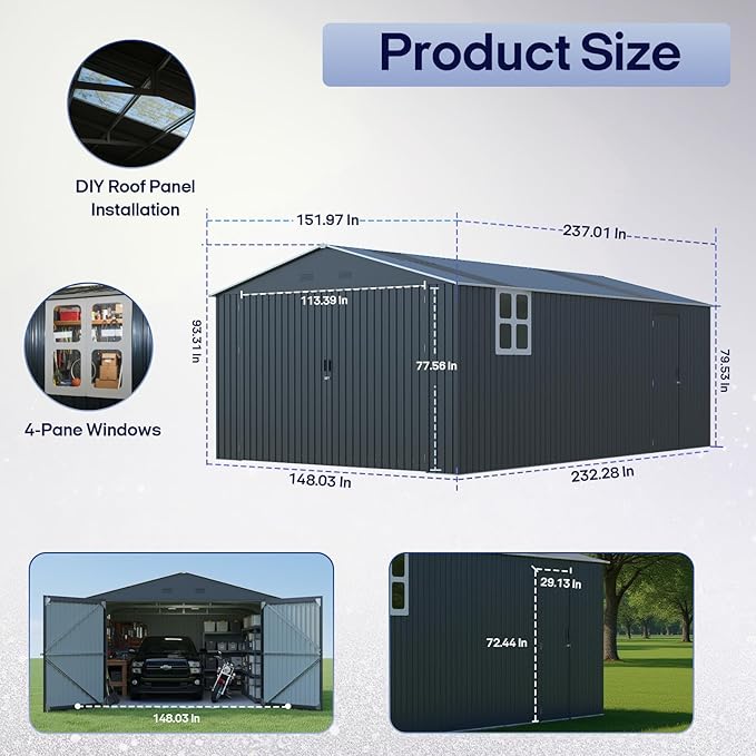 Metal Garage Shed 13x20 FT, Sheds & Outdoor Storage Clearance, Outdoor Storage Shed for Car, Truck, Bike, Lawnmower, Backyard Tool House, Boasting 2 Windows and 2 Translucent Panels