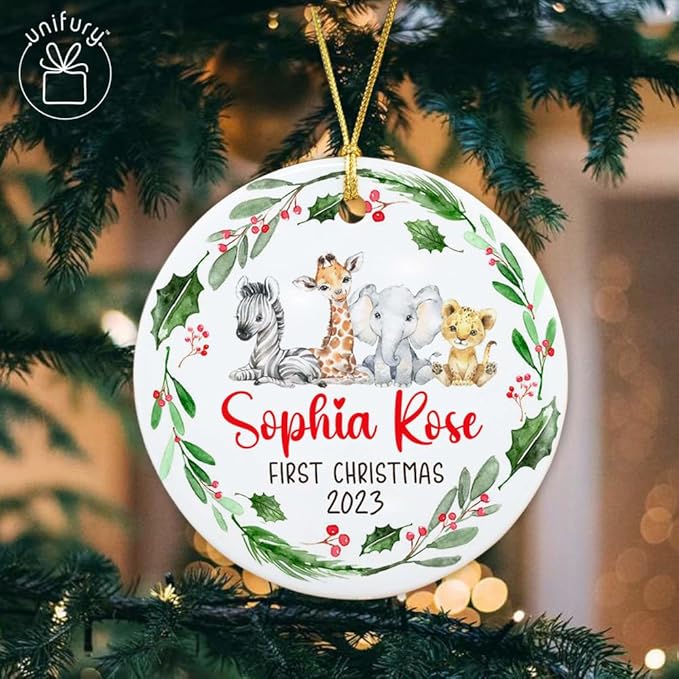 Unifury Personalized Baby First Christmas Ornament 2024, Keepsake for Babies First Christmas Tree, Holiday Decor for Celebrating Ceramic Babys 1st Christmas Ornament 2024, Safari Animal Holly