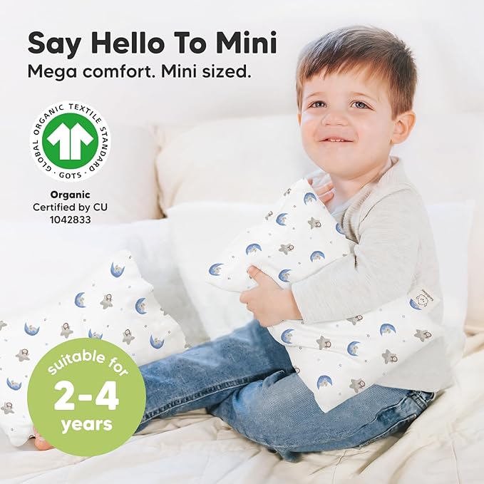 Mini Toddler Pillow with Pillowcase - 9x13 My Little Dreamy Travel Kids Pillow for Sleeping, Toddler Bed, Small, Tiny, Organic Cotton Pillowcase, Soft & Breathable, Kids 2-4 Years Old(Space Drift)