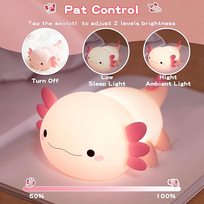 Axolotl Lamp,Cute Axolotl Night Light,Dimmable Silicone Animal Nursery Night Light,Adorable Rechargeable Squishy Novelty Bedside Touch Lamp,Baby Room Decor, Axolotl Gifts for Kids/Girls