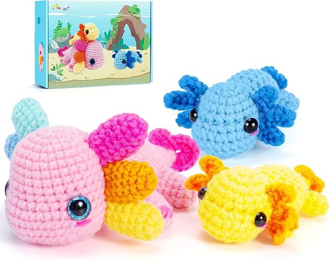 Crochet Kit for Beginners-3PCS Axolotl Crochet Kits for Adults Kids, Crochet Starter Kit with Step-by-Step Video Tutorials, Crochet Animals Kits DIY Craft Knitting Kit Learn to Crochet Kits for Adults