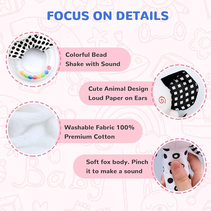 Baby Rattles 0-6 Months Newborn Toys Infant Toys 0-3 Months Rattles for Babies 0-6 Months Baby Toys 0-6 Months, Black and White High Contrast Plush Stuffed Baby Toys for 0 3 6 9 12 Months Girls Boys