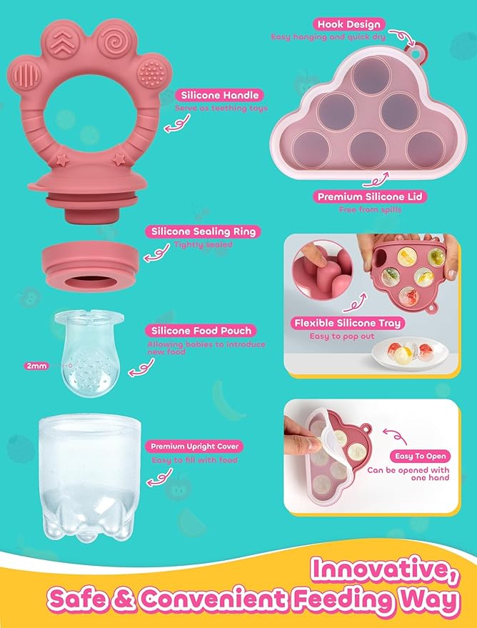 Breastmilk Popsicle Molds & Baby Fruit Food Feeder Pacifier, Silicone Baby Food Storage Containers, Baby Popsicle Molds Teething for Toddler Teething & Infant Self Feeding (Pink)