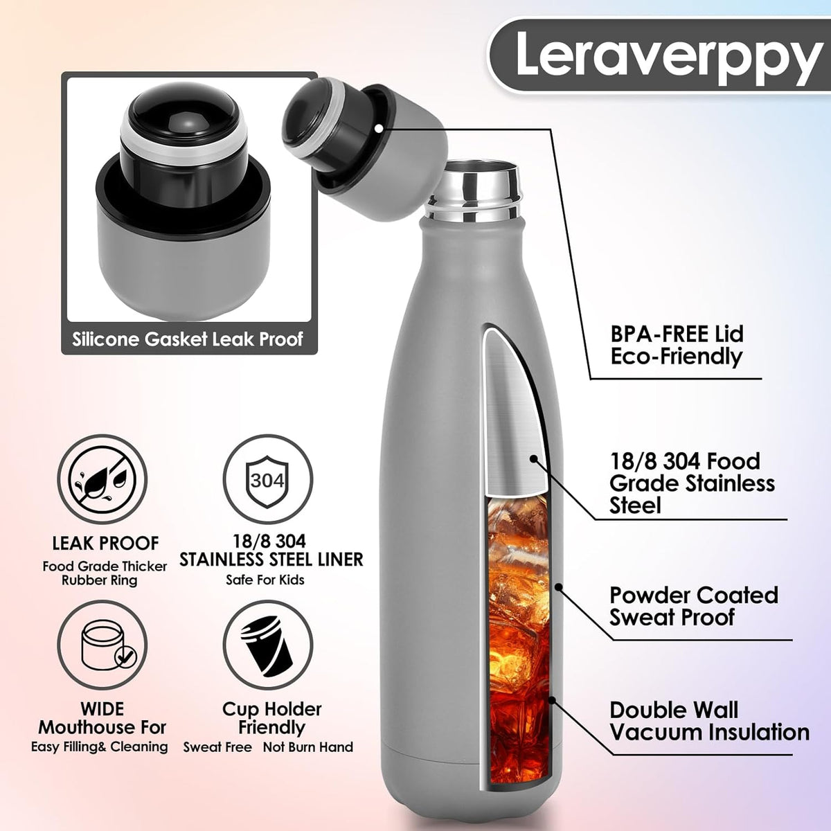 25oz Cola-Bottle Shaped Stainless Steel Leak-proof Water Bottle,Double Wall Vacuum Insulated Metal,Travel Mug For Sports Indoors & Outdoors,BPA-Free School Kids Flasks,Gray(2 Pack)