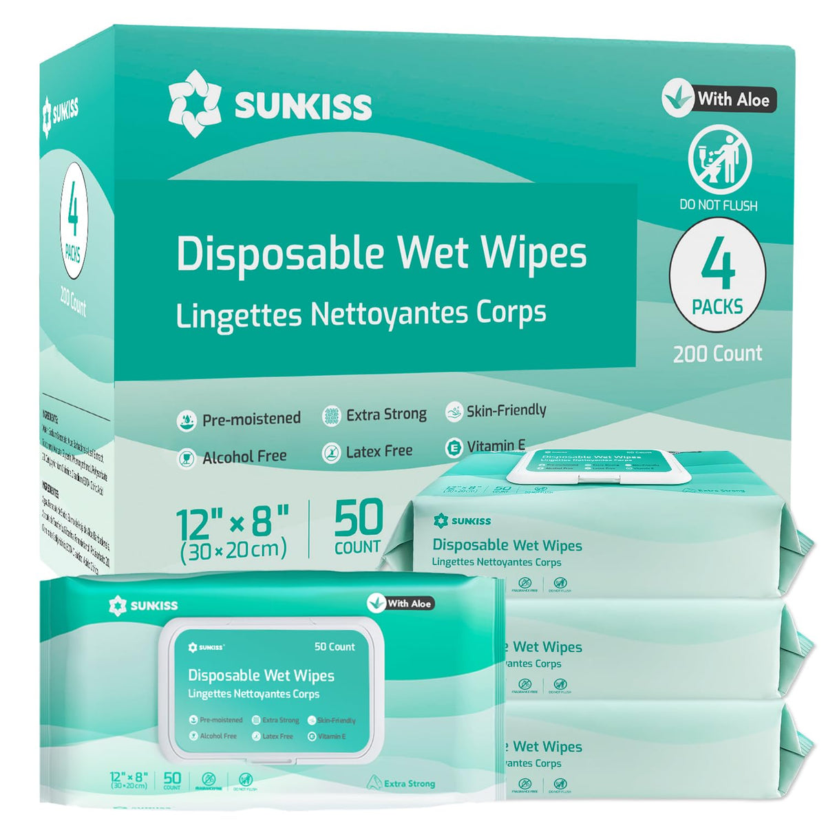 SUNKISS Trustplus Wet Wipes for Adult No Rinse, Extra Large 8”x12” Body Cleaning Washcloths for Elderly Incontinence & Cleansing, Unscented, 200 Count (4 Packs of 50)