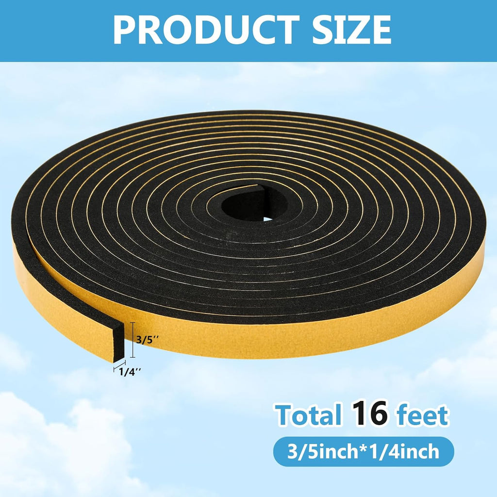 Black Weather Stripping Door Seal Strip (3/5 Inch X 1/4 Inch X 16Feet), Strong Adhesive, Lightproof, Soundproof, Weatherproof Foam Tape Insulation for Sliding Door, Front Door Frame, Windows