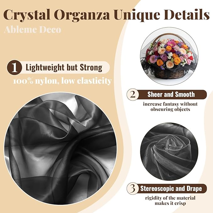 Organza Fabric by The Yard, 60 Inch Wide 3 Yards (9 ft) Long Sheer Fabric for DIY Sewing Projects Wedding Decorations Party Backdrops Curtains (Black)