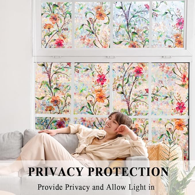 Stained Glass Window Film Static Cling Door Privacy Film Decorative Flowers Green Leaves Window Decals Stickers Heat Control Anti UV for Home and Office,23.6 inches by 78.7 inches