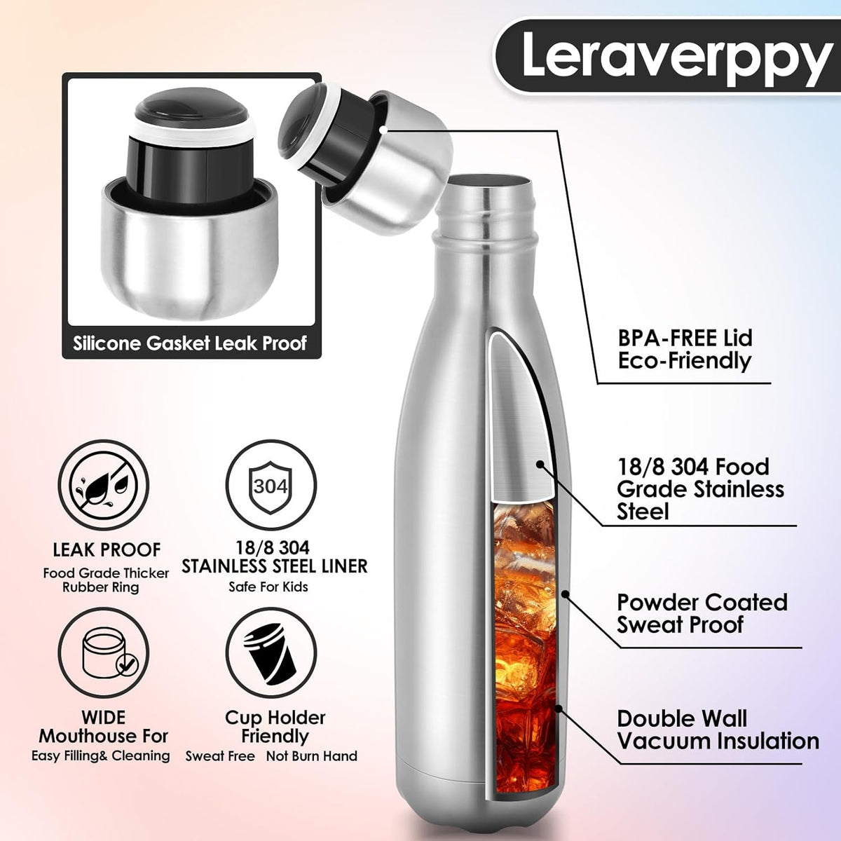 17oz Cola-Bottle Shaped Stainless Steel Leak-proof Water Bottle,Double Wall Vacuum Insulated Metal,Travel Mug For Sports Indoors & Outdoors,BPA-Free Kids Flasks,Silver(8 Pack)