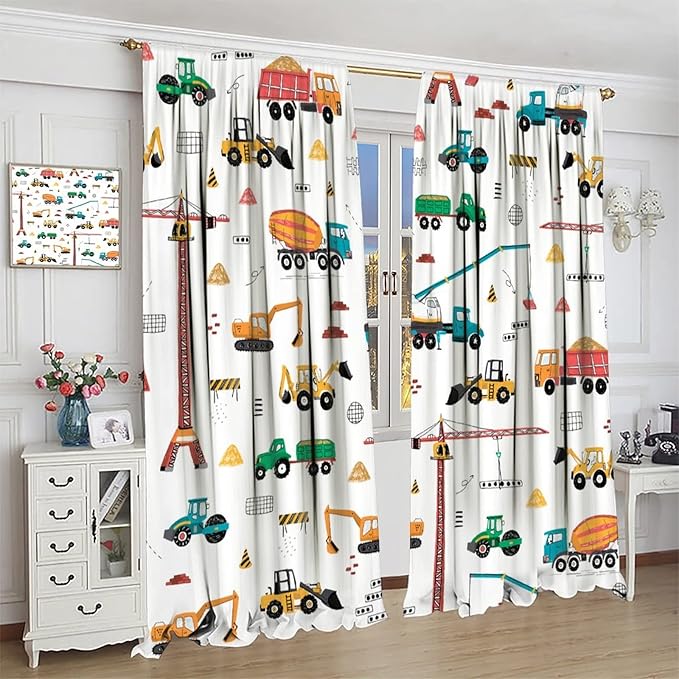 Construction Window Curtains, Kids Cartoon Construction Machines Building Hand Drawn Doodle Rod Pocket Decorative Windows Curtain for Children Teens Room Decor 52x84in (30% Blackout)