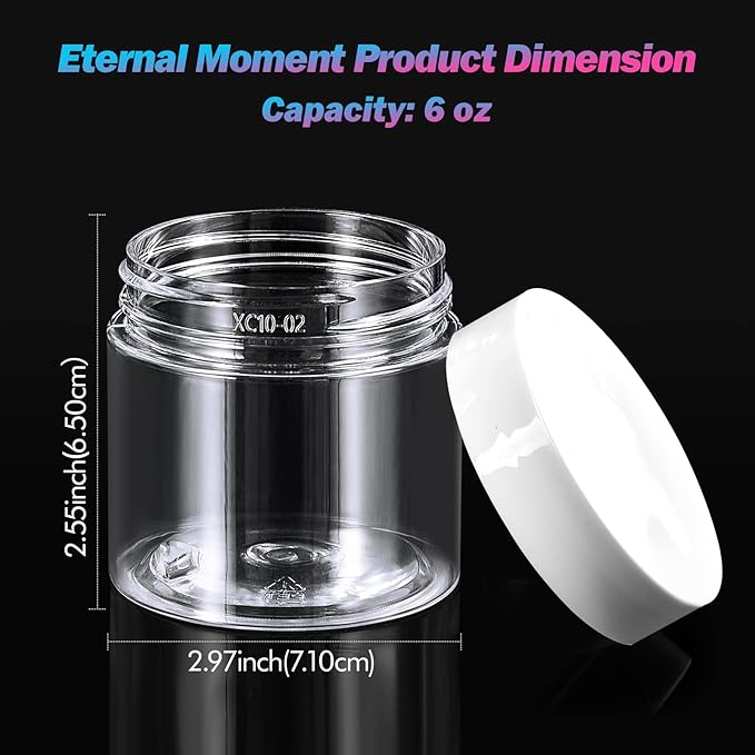 Eternal Moment 36 Pack 6 OZ Plastic Jars Round Clear Cosmetic Container Jars with White Lids, Perfect for Lotion, Slime，Cream, Ointments, Makeup, Eye Shadow, Samples, Pot, Travel Storage