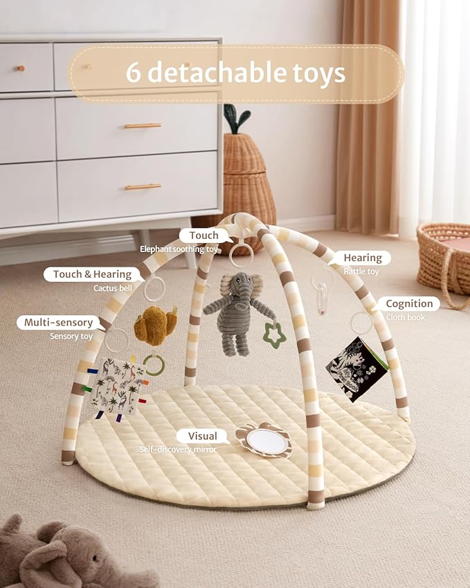 Blissful Diary Baby Play Gym Mat, Tummy Time Activity Mat with 6 Detachable Toys for Stage-Based Sensory & Motor Skill Development, Easy to Install & Clean, Baby Essentials Gift, Sandy Beige