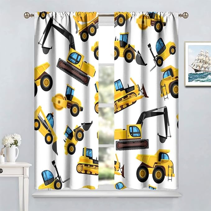 Kids Construction Equipment Window Curtains, Excavator Tractor Tow Truck Rod Pocket Decorative Windows Curtain for Children Teens Boys Girls Room Decor 42x63in (30% Blackout)