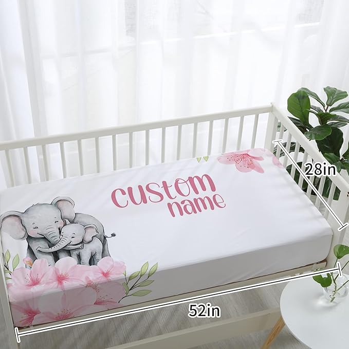 Personalized Baby Crib Bedding Set for Baby Girls, Pink Flower Elephant Design Custom Name Baby Crib Sets 5-Pcs, Toddler Double Layer Blanket Fitted Sheets Changing Pad Cover Rug Wall Art Set