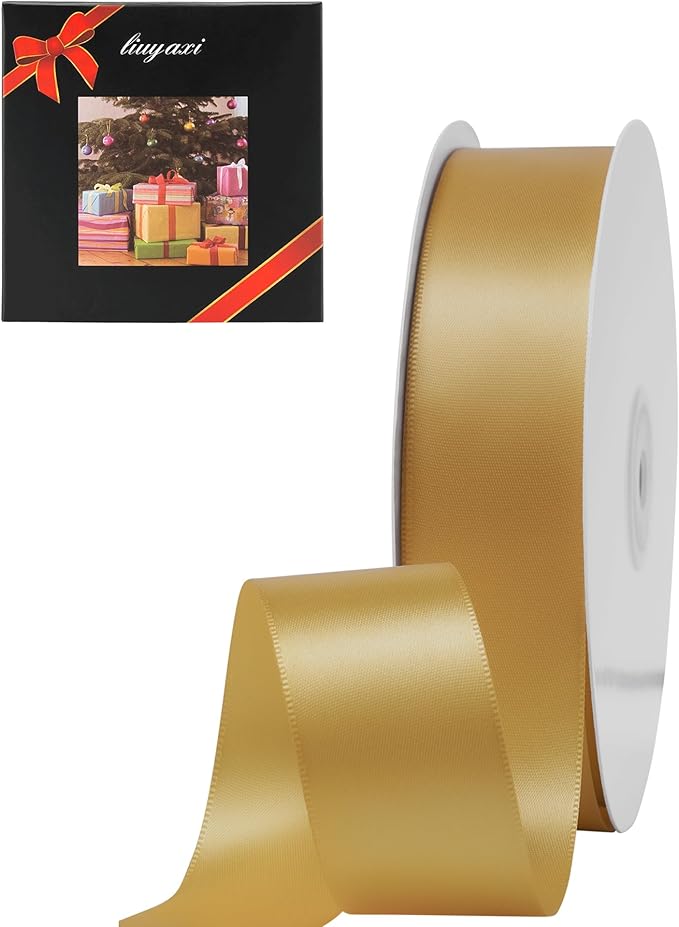 LIUYAXI Old Gold Double Faced Satin Ribbon, 1" X Continuous 25 Yards, Ribbons Perfect for Gift Wrapping Wedding Bouquet Decor DIY Craft Bow Making & Other Projects