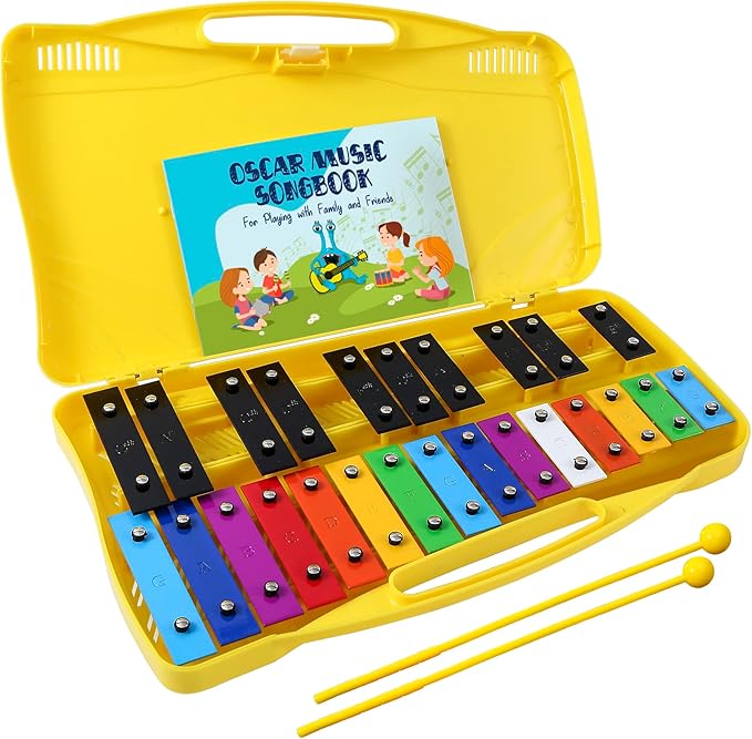 MINIARTIS Glockenspiel Xylophone | 25 Note Colorful Metal Keys Xylophone for Kids | Percussion Musical Instrument | Educational Music Toy Includes Music Songbook, Mallets and Yellow Carry Case