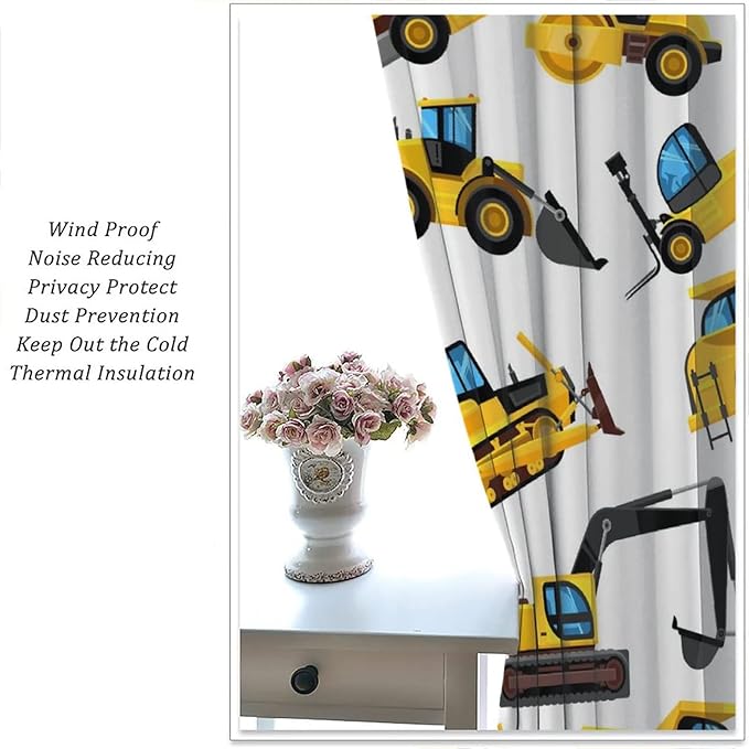 Kids Construction Equipment Window Curtains, Excavator Tractor Tow Truck Rod Pocket Decorative Windows Curtain for Children Teens Boys Girls Room Decor 52x84in (30% Blackout)