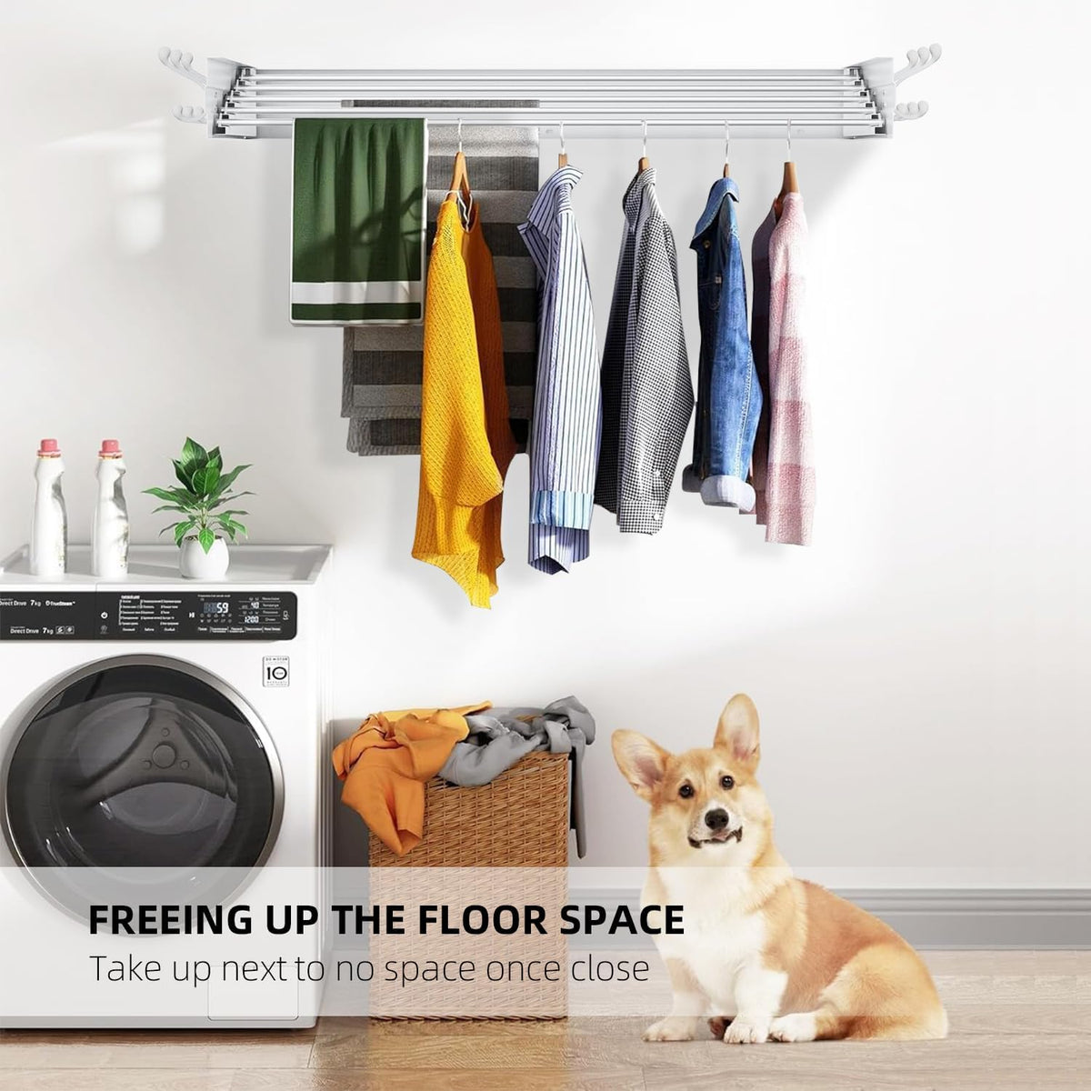 Laundry Drying Rack, Collapsible Wall Mounted Clothes Drying Rack - Foldable,Space Saving, 13.2 Linear Ft, 5 Aluminum Rods, 60 lb Capacity (White, 40" Wide)