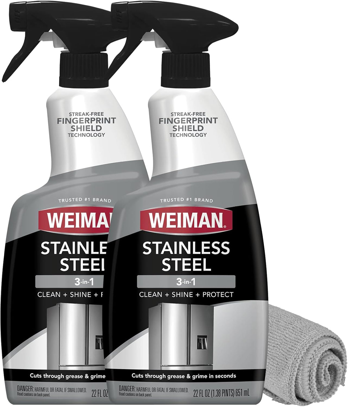 Weiman Stainless Steel Cleaner and Polish - Protects Appliances from Fingerprints, Leaves a Streak-Free Shine for Refrigerator, Dishwasher, Oven, Grill, 2 Pack With Microfiber Cloth
