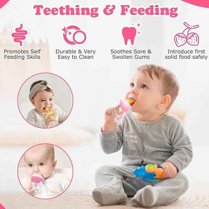WAJIAYON Baby Fruit Feeder Pacifier | 2 Infant Food Feeder Pacifier & 1 Baby Food Dispensing Spoon | Mesh Fresh Fruit Teethers for Babies Teething Feeders | Shower Gifts for Boys and Girls (Pink)