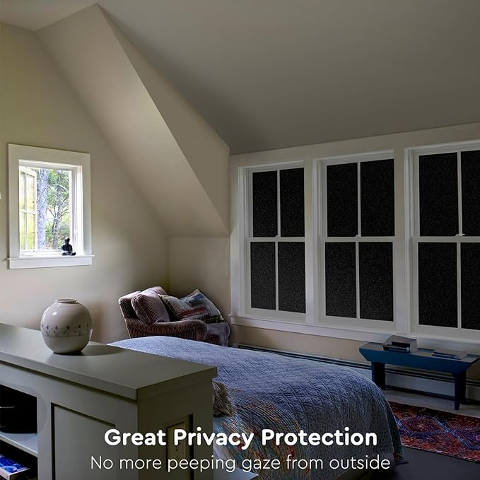 Kromapolis Blackout Window Privacy Film Total Light Blocking Room Darkening Window Covering, Removable Static Cling Frosted Glass Tint, Non-Adhesive, Black 17.5'' x 157.4''