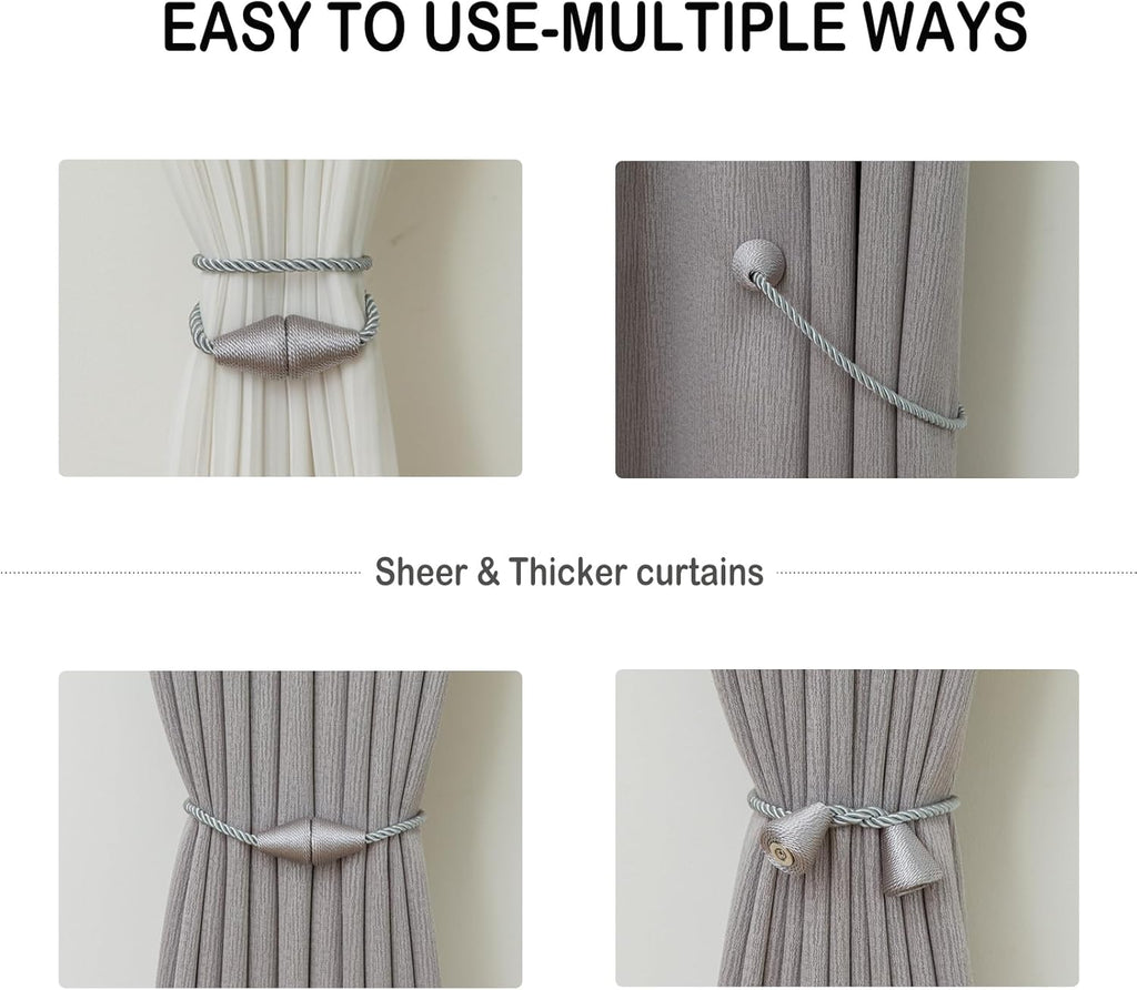 Magnetic Curtain Tiebacks 2 Pack Outdoor Rope Curtain Tie Backs Decorative Window Treatment Holdbacks for Home Decorative Curtain, Grey