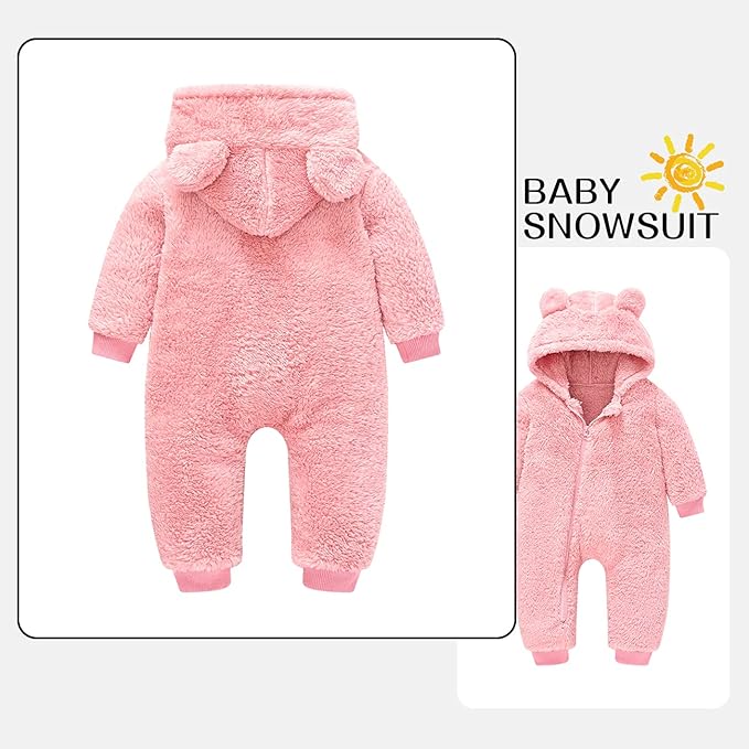 Baby Fleece Jumpsuits Infant Bear Ear Snowsuit Newborn Hooded Romper Warm Coat