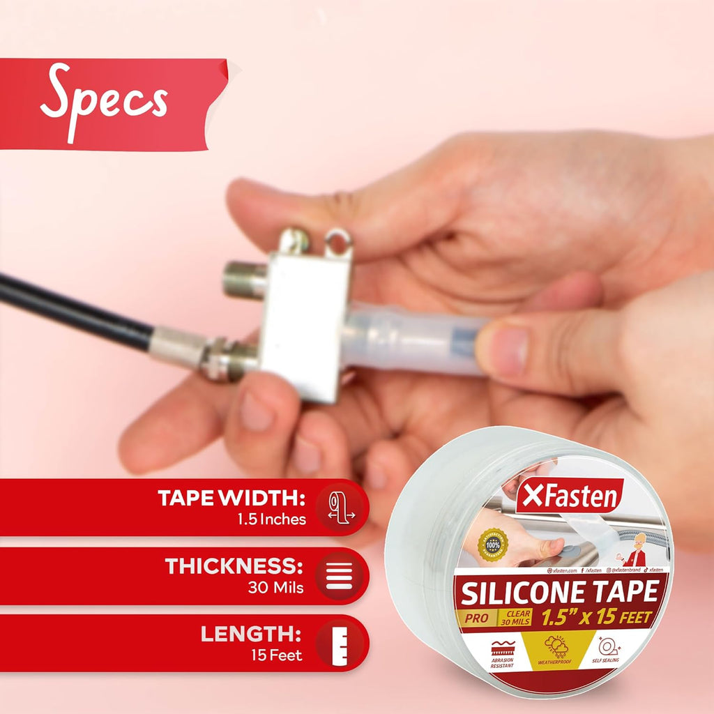 XFasten Self-fusing Silicone Tape Pro, Clear, 1.5-Inch x 15-Feet, 30mils Extreme Silicone Repair Pipe Tape for Electrical, Radiator Hose, Garden Hose, Coax Plumbers Water Seal and Stretch Tape