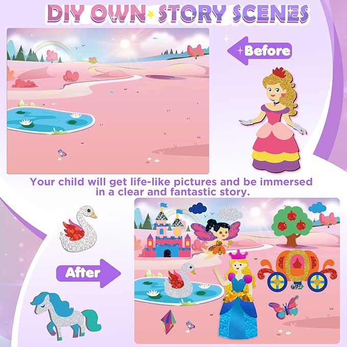 Foil Arts and Crafts for Kids Ages 4-8, Large Size Princess Fun Foil Art Craft Supplies Kits, No Mess DIY Creative Activity Travel Toys, Foam Sticker Coloring Books,Party Favor Birthday Gifts for Kids