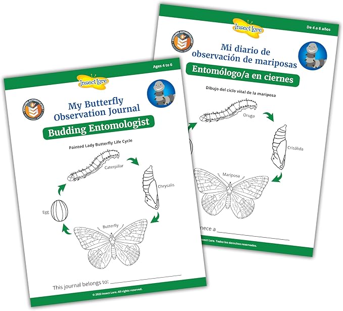 Insect Lore Butterfly Garden with Live Cup of Caterpillars | English and Spanish STEM Activity Journals | 5 Painted Lady Butterfly Baby Caterpillars and Mesh Habitat