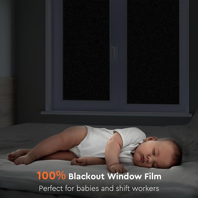 Kromapolis Blackout Window Privacy Film Total Light Blocking Room Darkening Window Covering, Removable Static Cling Frosted Glass Tint, Non-Adhesive, Black 45.2'' x 78.7''