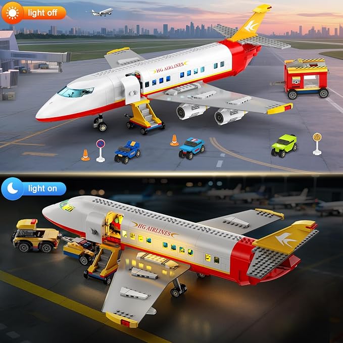 HOGOKIDS 2 Style City Airplane Building Set with LED Light - Large Plane Building Blocks Switch Passenger & Cargo Projectile Toy with 3 Cars, Planes Model Toys Gifts for Adults Boys Girls Age 6-12+