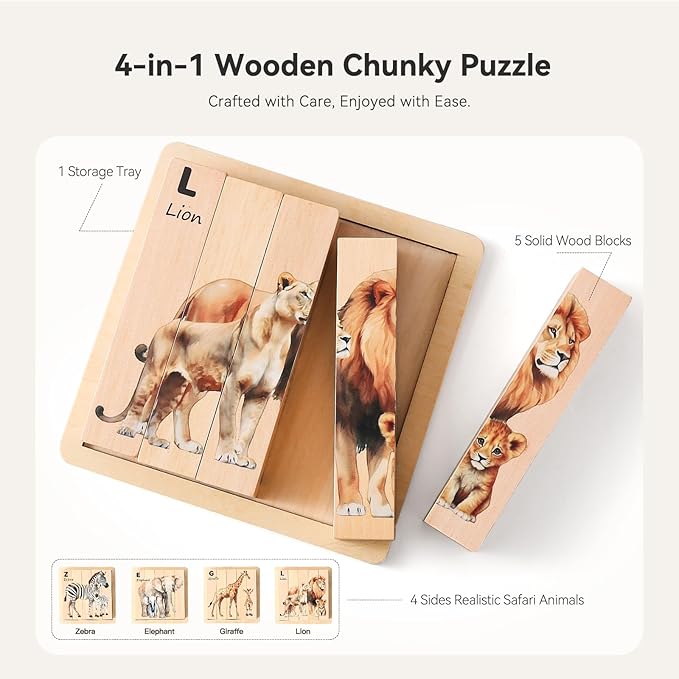 IEATFO 4 in 1 Wooden Animal Chunky Puzzle, 5 Solid Wood Puzzle Blocks with 4 Sides Realistic Safari Animals, Wooden Block Puzzle with Durable Base for Toddlers 3+ Years - Montessori Inspired