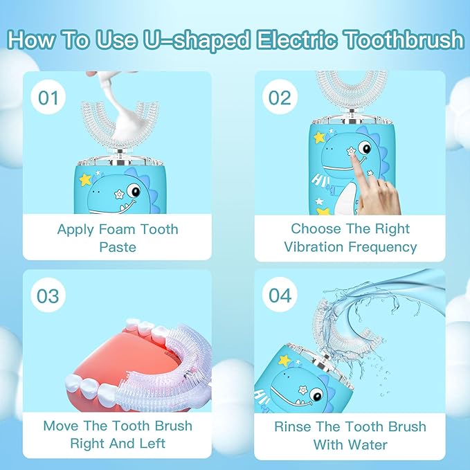 Kids Electric U Shaped Toothbrush,Kids Sonic Full Mouth Toothbrush with 4 Soft Brush Head Automatic Rechargeable 6 Cleaning Modes IPX7 Waterproof 360 Degree Cleaning - Age2-7 Blue